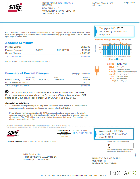Usa Sdge utility bill word and pdf template